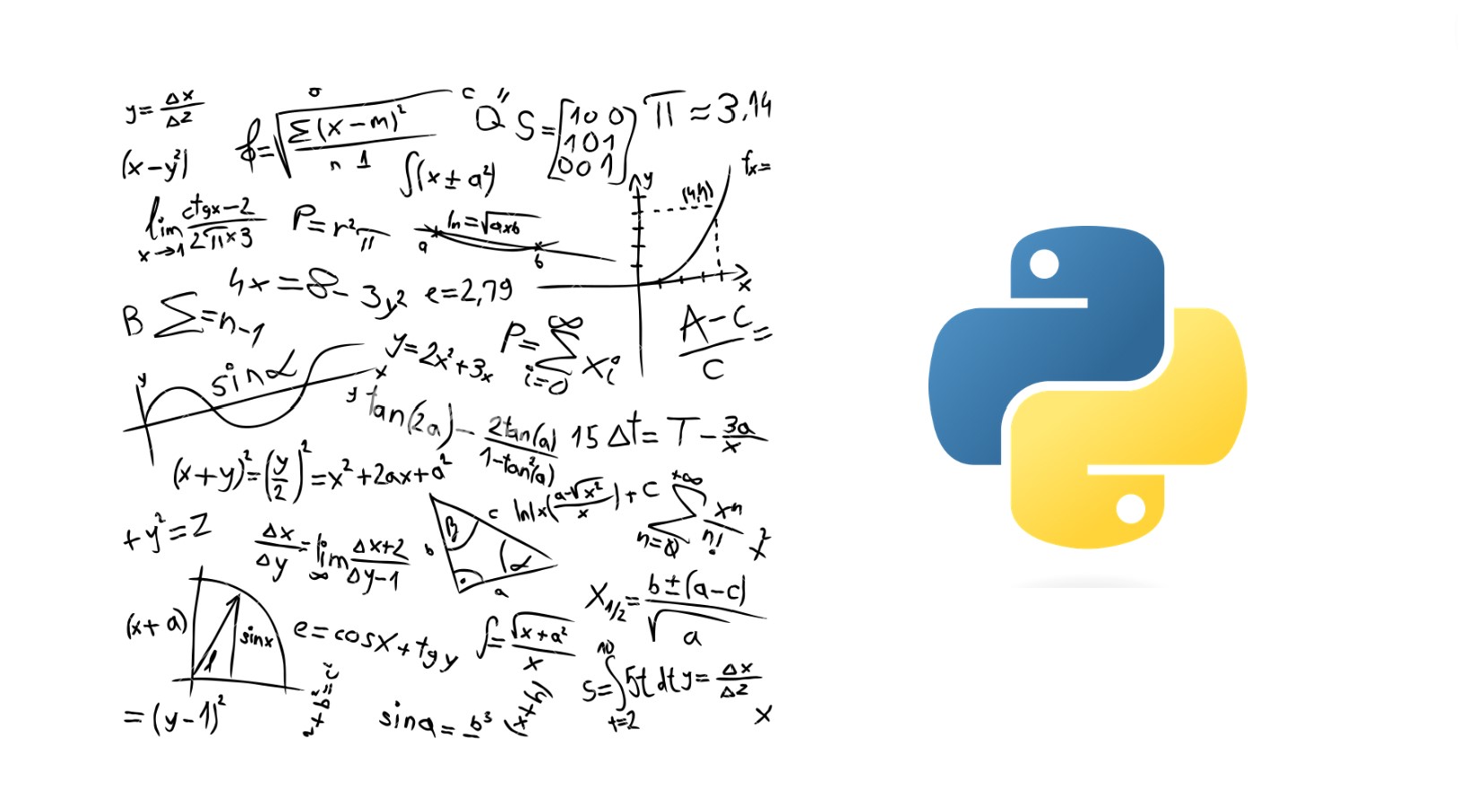 We have a white background with a set of calculus equations, derivatives, and graphs of equations on the left and on the right, we have the logo of the Python language (which consists of a blue cartoon snake looking to the left sitting on top of an upside down yellow cartoon snake looking to the right in such a way that they form a makeshift plus sign).